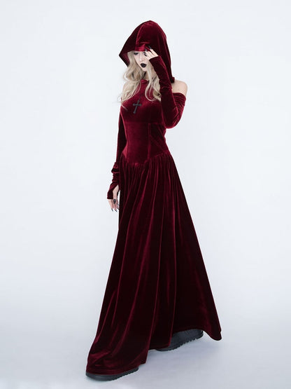 Dress Gothic Cutout Style Red Medieval Vampire with Shoulder Witch Velvet Hooded -