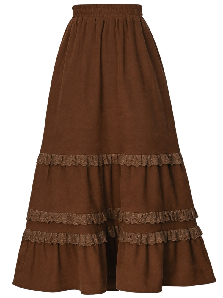 Brown Lace Trim Ankle Length Skirt