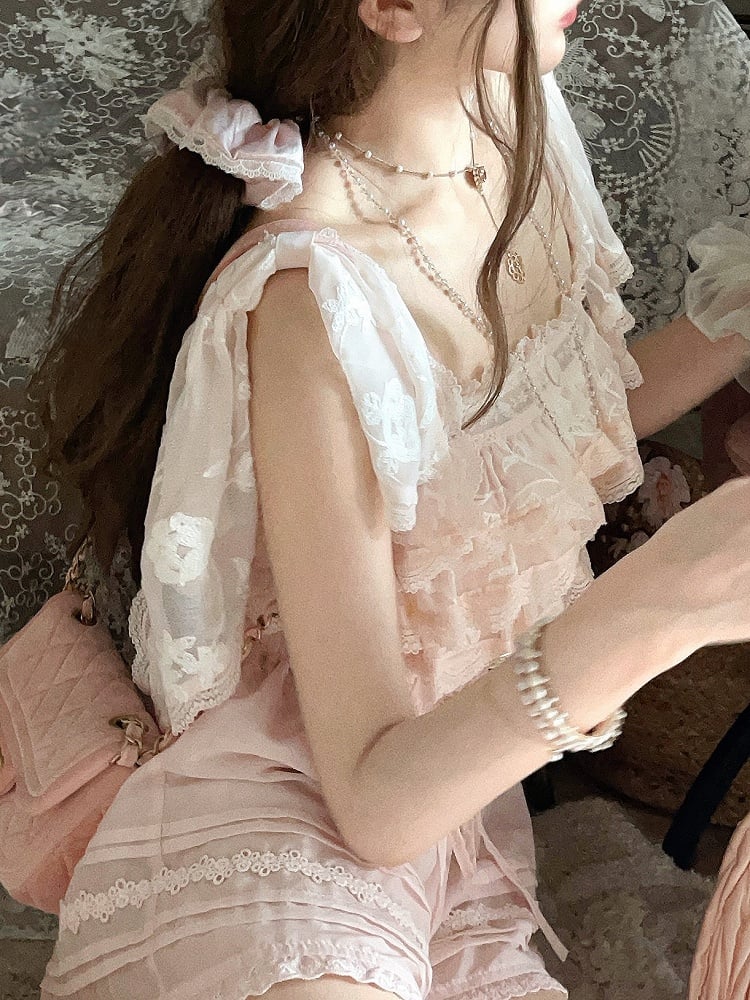 Volant mit Sakura-Rosa Chiffon-Overlay-Top mit floraler bestickter Spitze