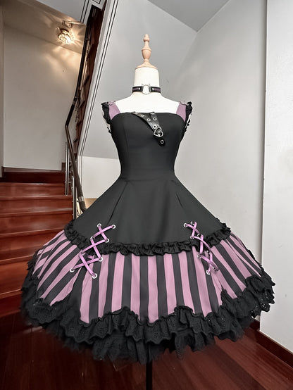Kitty Gothic Striped + JSK Top Bow and Dress Pattern Ears Black Sailor Collar Lolita Big Purple Cropped
