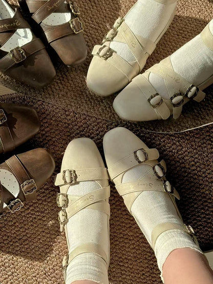 Shoes - Toe Crisscross Elegant Classic Design Square PU Beige Lolita