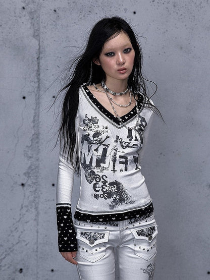 Pocket Top Pattern Punk Heart Rock Patch White with