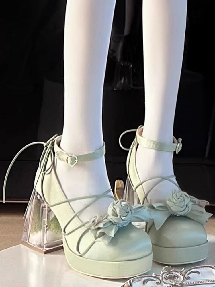 with Green Bow PU - Janes Leather Floral High-heel Mary Lolita Elegant