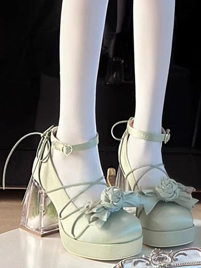 with Green Bow PU - Janes Leather Floral High-heel Mary Lolita Elegant