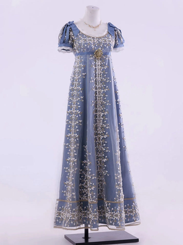 ブルーエンパイアウエストリージェンシーエレガントロリータマキシドレス足首丈バージョン