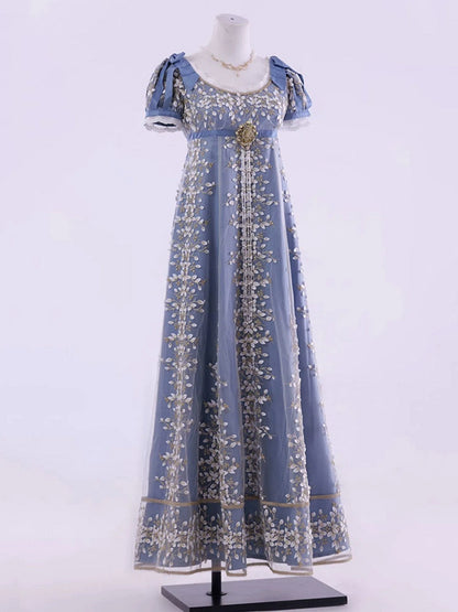 ブルーエンパイアウエストリージェンシーエレガントロリータマキシドレス足首丈バージョン