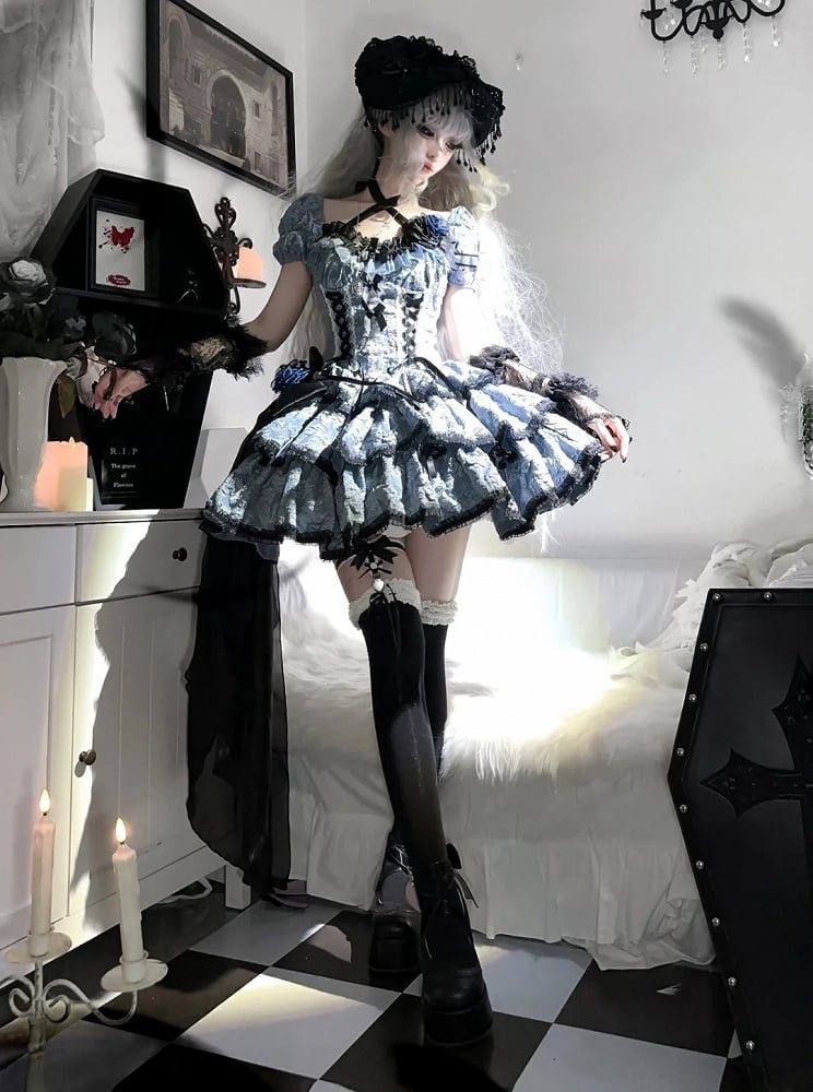 OP Floral Black Skirt Multi-Layered Lolita Dress Dark with and Blue Texture
