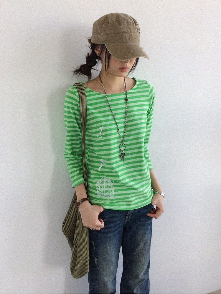 Green Striped Wide Round Neck Long Sleeve T-shirt with Key and Iron Gate Print - innomoood