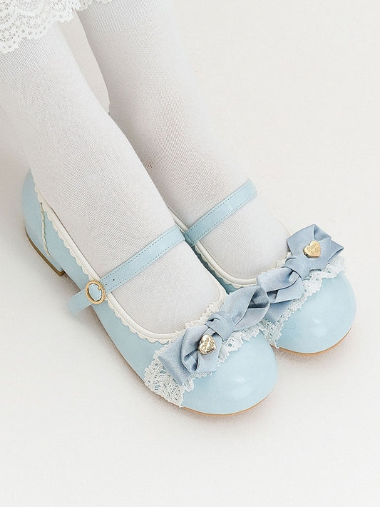 Blue Sweet Berry Low Heels in Lolita Style with Top Bow & Ring Buckle