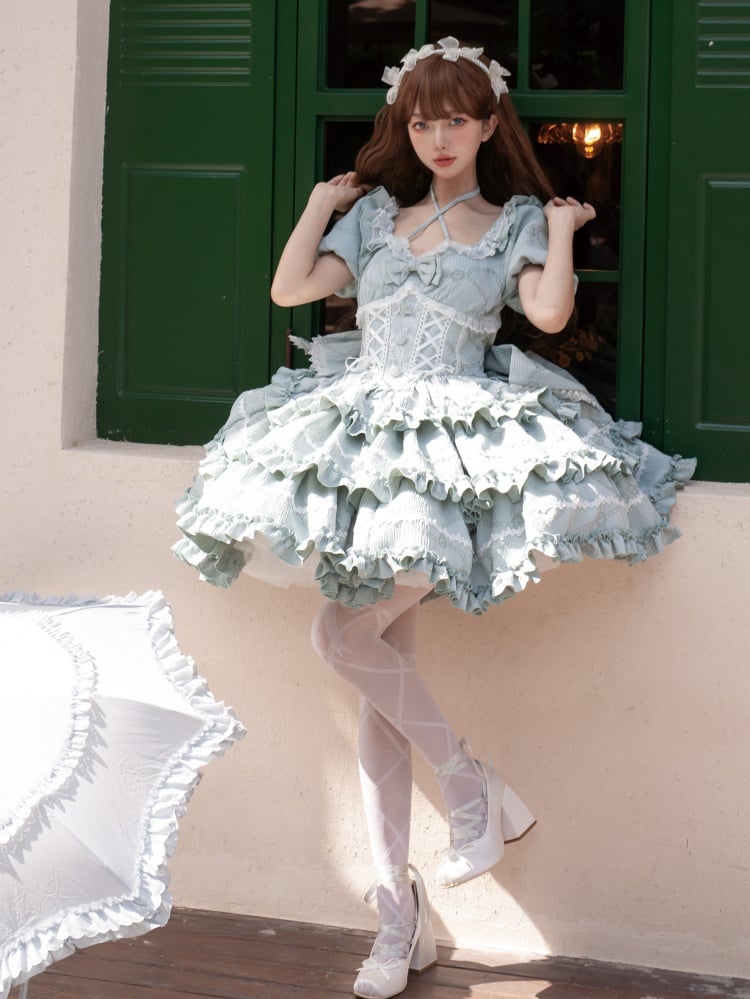Princess Lolita Corset-Waist Dress with Ruffled Skirt in Green