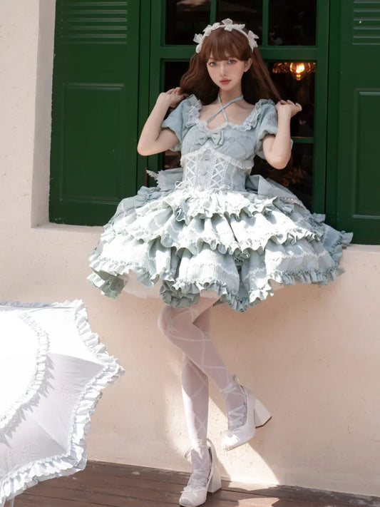 Korsett Big Rock Kleid Rüschen mit OP Lolita Grün Taille Prinzessin