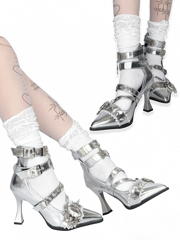 Stud Pointed High Heart Gothic - Toe Silver Heels Detailing Cone Buckle