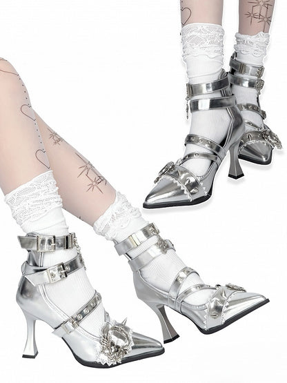 Stud Pointed High Heart Gothic - Toe Silver Heels Detailing Cone Buckle