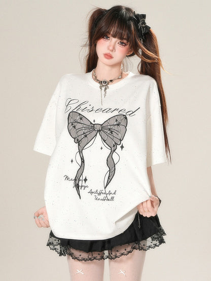 かわいいTシャツプリントアップリケとデイリーレターボウスタービッグホワイト/ブラック