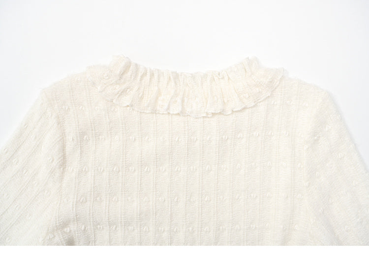 Beige Ruffle Neckline Long-Sleeve Top