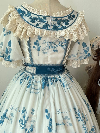 Self-tie Poetry‌ Classic Sash Lolita Sizes Plus Blue Print Elegant and with Available Mulberry Dress