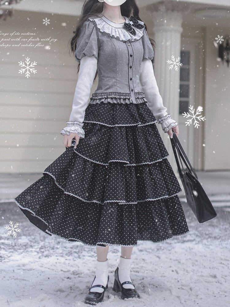 Tiered Dot Skirt Polka Tea Length Black