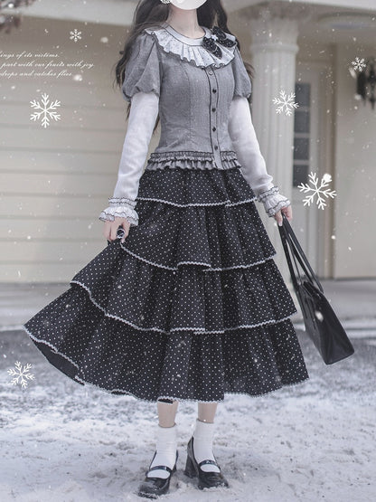 Tiered Dot Skirt Polka Tea Length Black