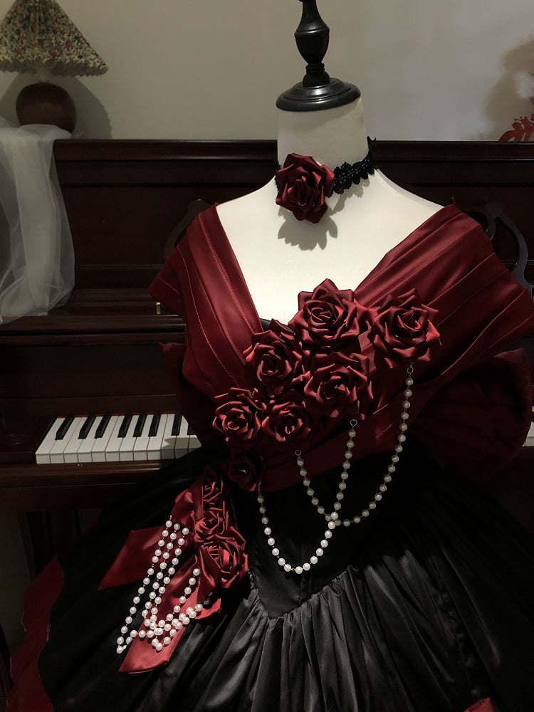 Red Black Roses Off-Shoulder Boned Lolita Set - Treasure Box Factory