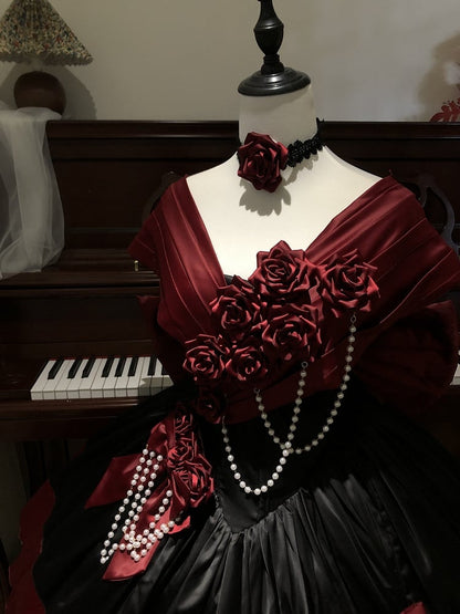 Red Black Off-Shoulder Boned Lolita Gown - Treasure Box Factory
