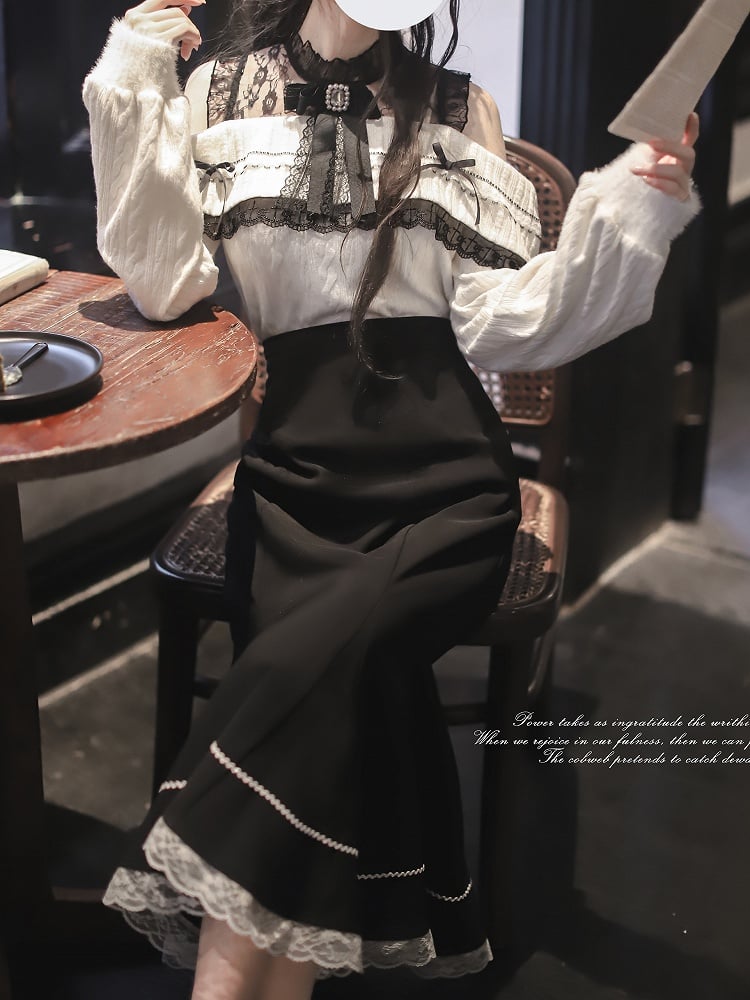 Elegant Black Jirai Kei High Waist Mermaid Skirt with White Lace Hem