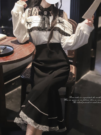 Elegant Black Jirai Kei High Waist Mermaid Skirt with White Lace Hem