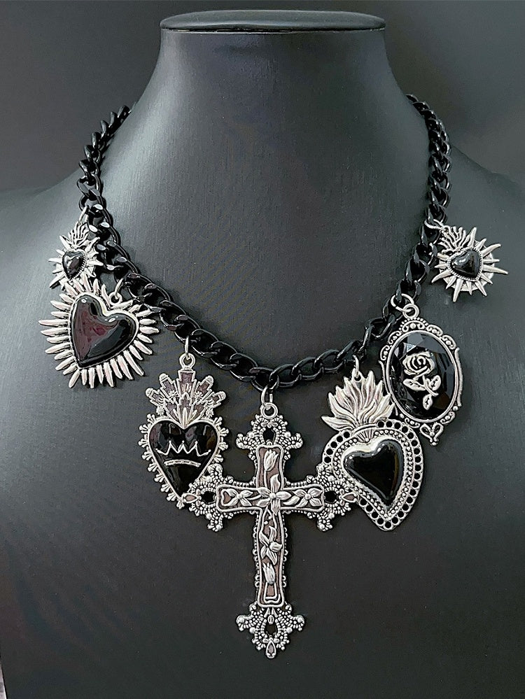 Herz Halskette Rot/Schwarz Y2K Kreuz Anhänger Floral Und