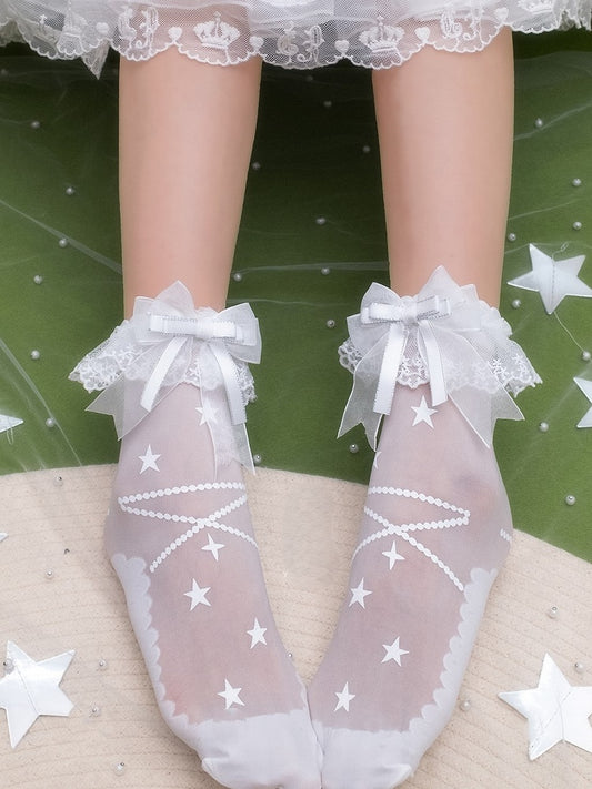 Star Socks Trim White Ankle Print Lace Sweet
