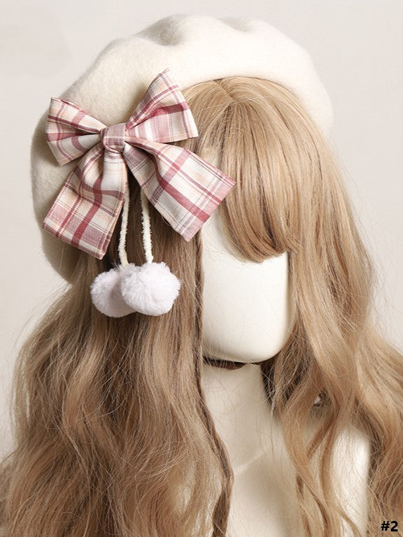 14 Color Options Plaid Bow Beret with Pom-Pom Accents