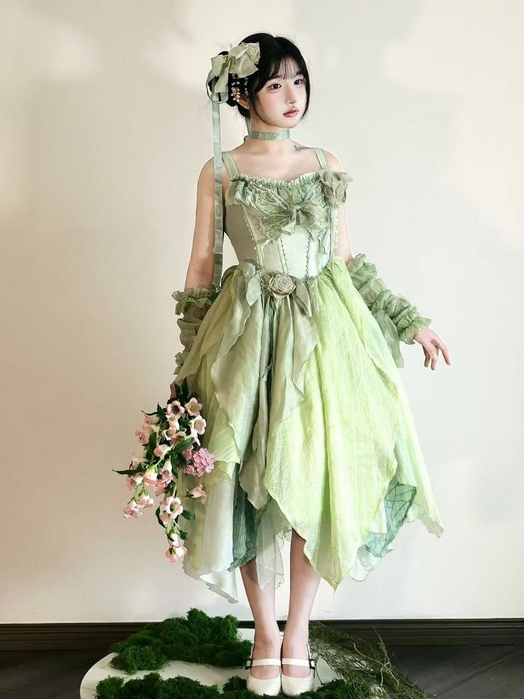 Green Butterfly Theme Lolita JSK with Asymmetrical Hem Sizes S-3XL - Sweet Wood Lolita