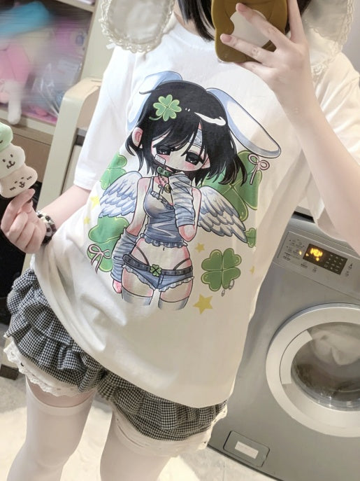 White Round Neck Four-Leaf Clover Angel Print Cotton T-Shirt