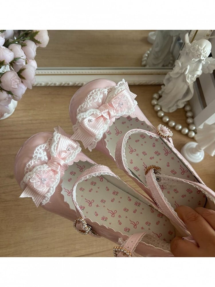 Elegant Lace Bow Round Toe Pumps - 2.5cm Low Heels - Blossoms
