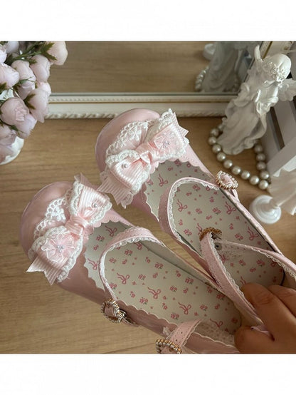Elegant Lace Bow Round Toe Pumps - 2.5cm Low Heels - Blossoms