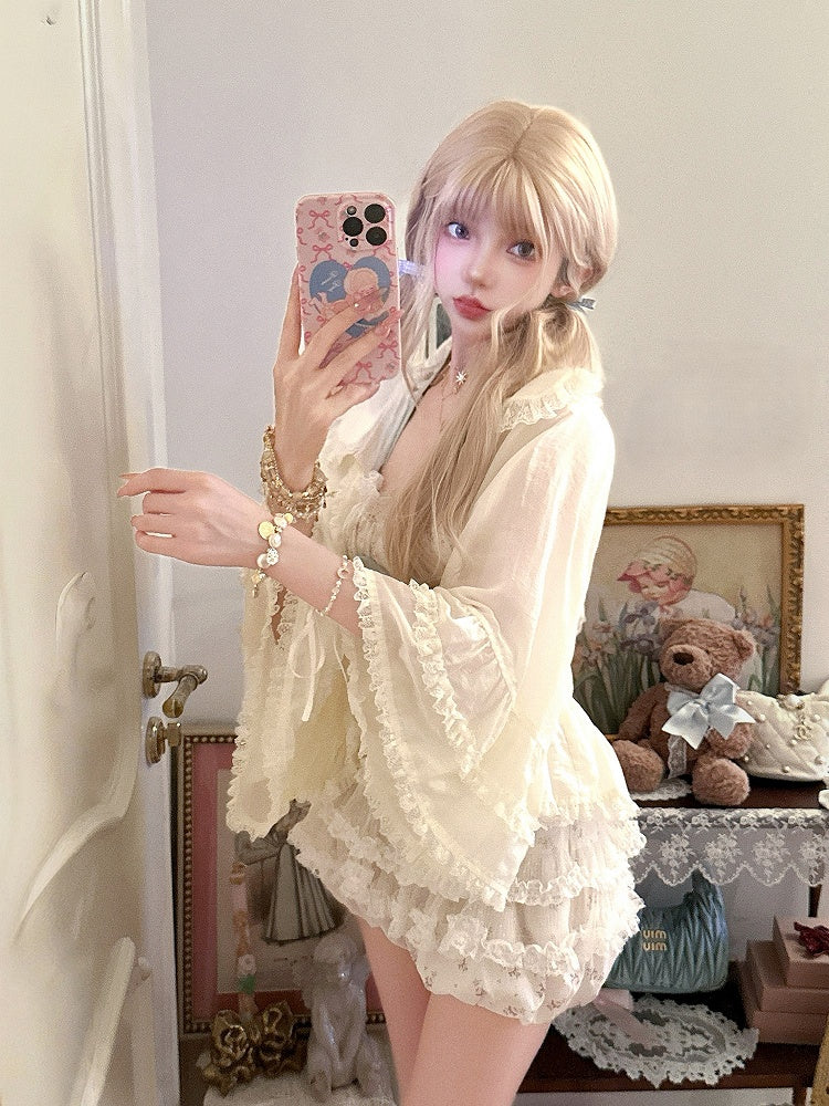 Sun-protective Apricot Bell Sleeves Ruffled With Cardigan