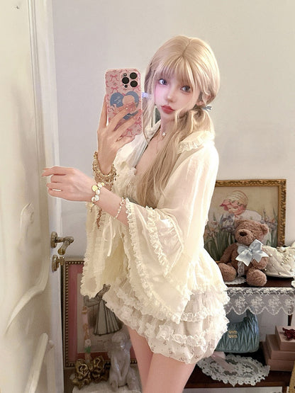 Sun-protective Apricot Bell Sleeves Ruffled With Cardigan