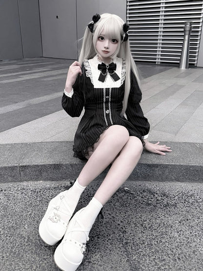 Black Jirai Kei Striped Long-Sleeve Dress with Lace Mesh Cape, Bow Tie & Shorts Set - Puppet Bombs