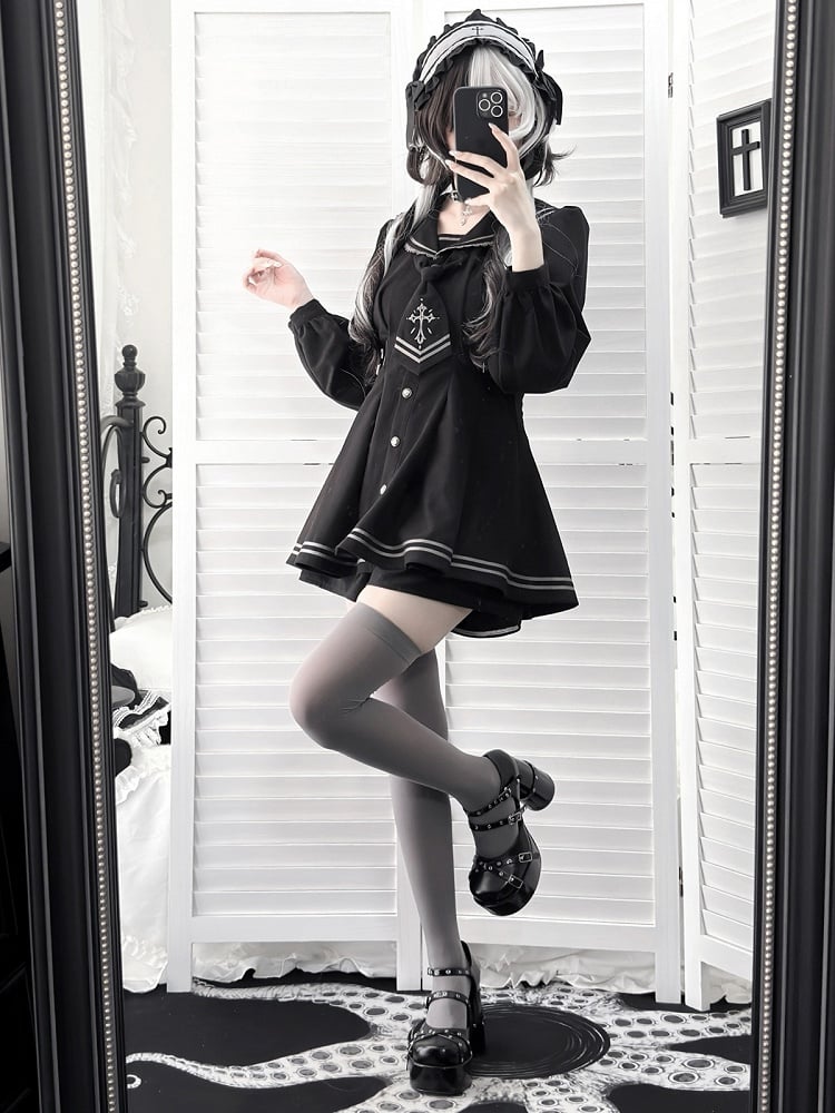 Sailor Collar Dress Set with Shorts and Tie - Ekomi