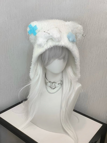 Blue Cross and Pin AccentsBear Ear Plush Hat with Bone and Star