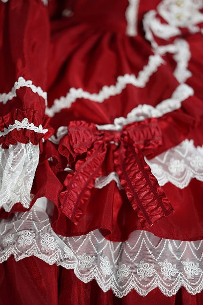 Wunderschönes Lolita-Kleid mit gestuftem Rüschenrock, Puffärmeln und Glockenärmeln in Rot