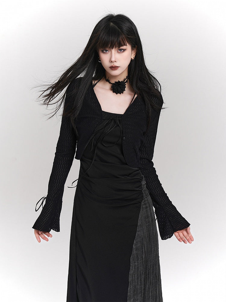 Cardigan Cropped Tie-Front Tie Details Gothic with Wrist Black