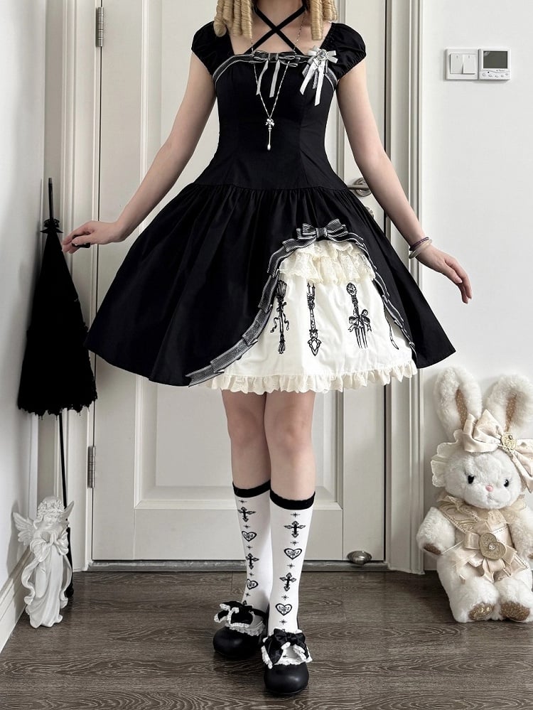 Side Ruffle Halter Lolita OP Dress in Gothic Black with Cutlery Embroidery - Vivian's Diary