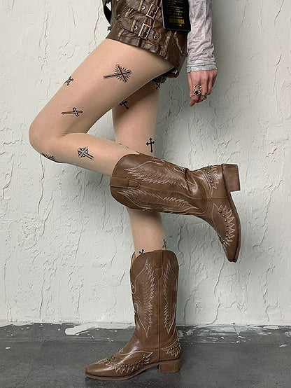 タイツプリントファッションギャルクロスY2Kパンクヌードウェイストランド