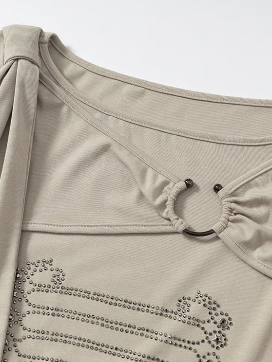Beige-Grey Knit Short-Sleeve Top with Rhinestone Design - NO ROMANCE