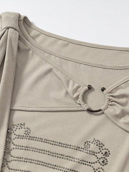 Beige-Grey Knit Short-Sleeve Top with Rhinestone Design - NO ROMANCE