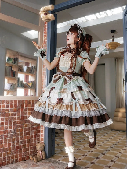 Neckline Bowknot Puff Dress Chocolate Sleeves Details Green Lolita Mint and Square Sweet