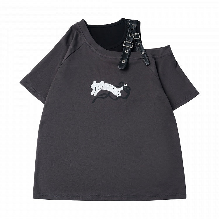 Gray Asymmetrical T-Shirt with Leopard Print and Buckle Strap - PINK SAVIOR