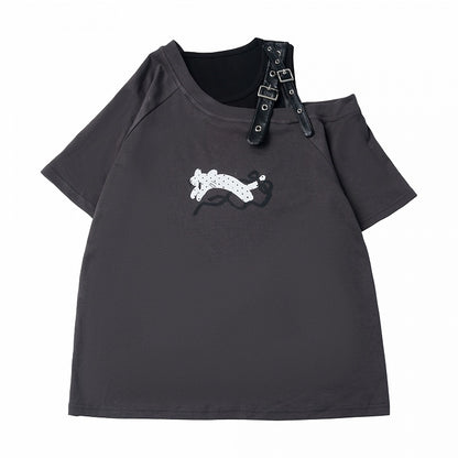 Gray Asymmetrical T-Shirt with Leopard Print and Buckle Strap - PINK SAVIOR