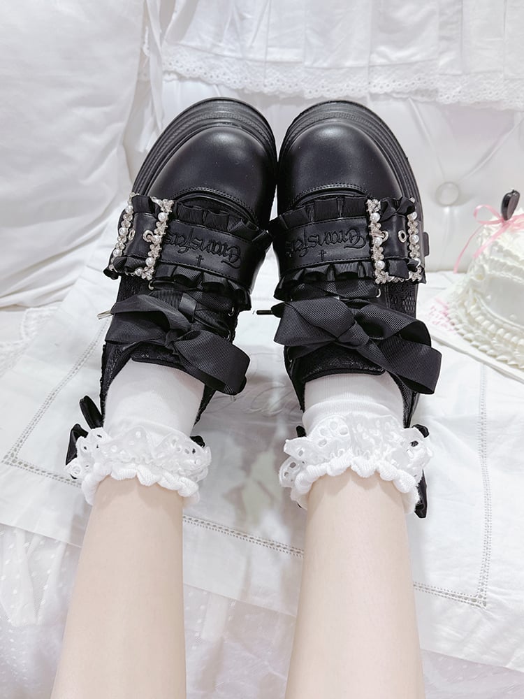 Jirai Accents Kei Shoes Black Bow Buckle Design Beaded Platforms
