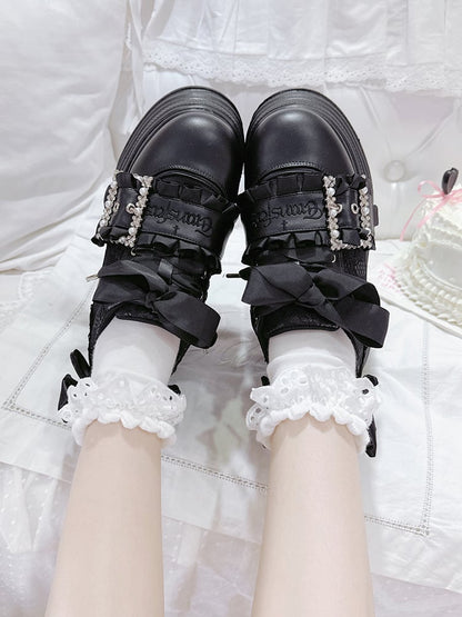 Jirai Accents Kei Shoes Black Bow Buckle Design Beaded Platforms