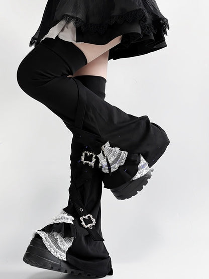 Lace Leg Warmers Multi Layer Buckle Details Black White - AOSpace